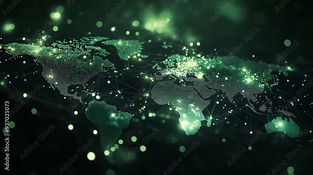 Poster green digital world map with interconnected nodes