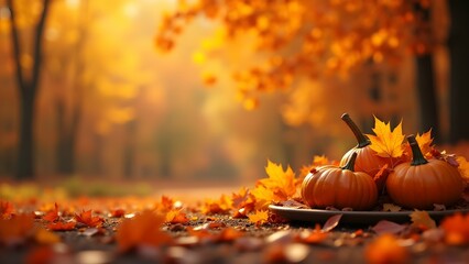 Pumpkins and autumn leaves basking in warm sunlight amidst a tranquil fall setting