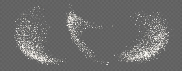 Coconut flakes, flying grated and desiccated coconut powder, dry scattered coco texture. Vector illustration.