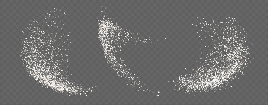 Coconut flakes, flying grated and desiccated coconut powder, dry scattered coco texture. Vector illustration.
