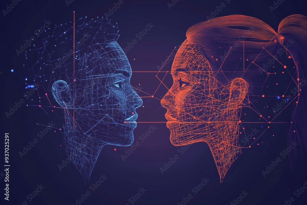 Poster artistic representation of human profiles connected by digital data symbolizing the exchange of idea