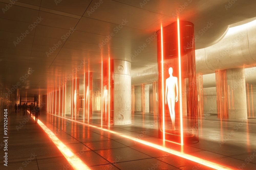 Poster futuristic scene with glowing red lines in a modern underground environment symbolizing the integrat