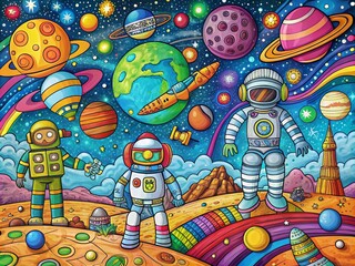 Obraz premium kids' space odyssey vivid coloring book pages planetary landscapes astronauts robots aliens bold graphic style bright colors mixed media textures