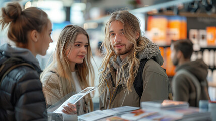 mobile advisor briefing a customer on alarm system features with brochures and a demo model of the alarm in the background.