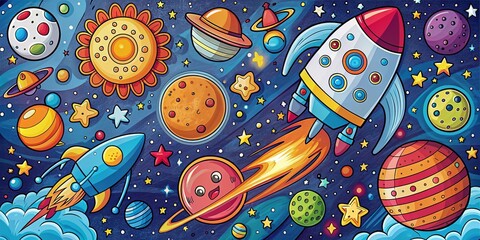 space exploration kids' coloring book journey rocket ships planets stars moons vibrant colors bold lines dynamic compositions action-packed mood