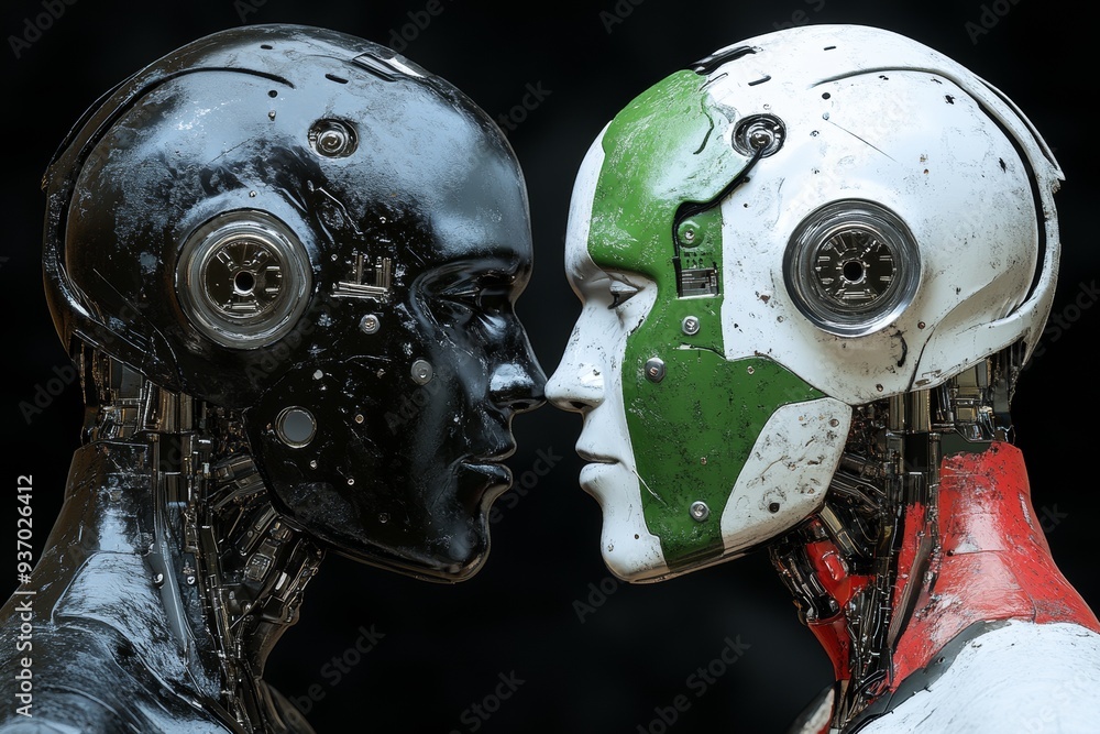 Poster two androids in a face off highlighting the contrast between different designs and the evolving natu