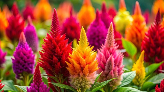 Close up of vibrant celosia flowers in various colors blooming in a garden, showcasing their colorful and vibrant beauty