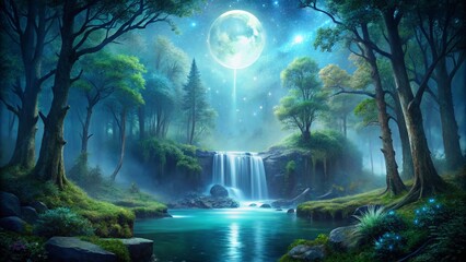 Fototapeta premium starry night waterfall misty foggy forest moonlight shining bright blue green sparkling luminescent serene mystical magical quiet reflective