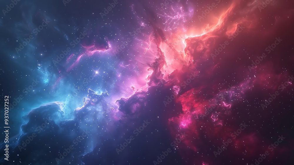 Poster a vibrant cosmic scene showcasing colorful nebulae and stars in deep space.