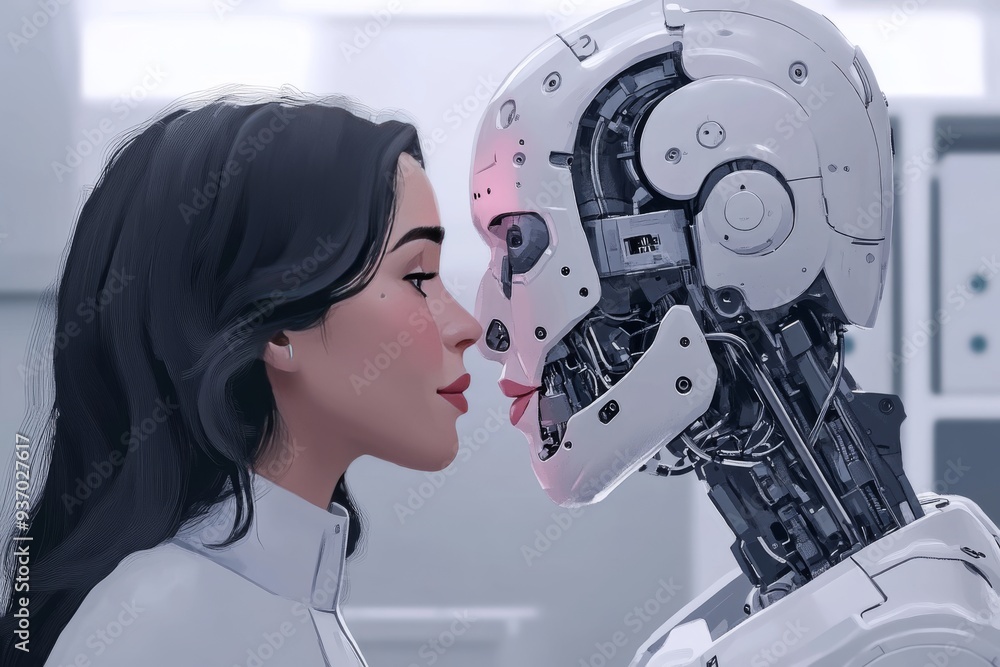 Poster a woman intimately interacting with a humanoid robot representing the emotional connection between h
