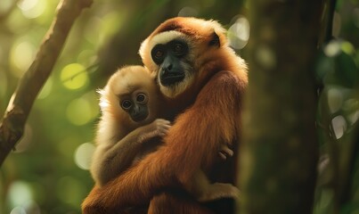 Obraz premium close image of Yellow Cheeked Gibbon monkey (Nomascus Gabriallae) mother with child in the forest. 