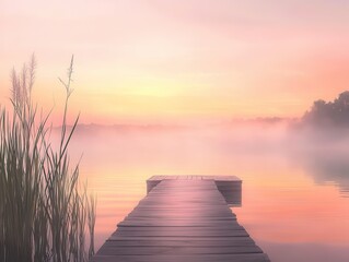 Serene Foggy Sunrise Over a Tranquil Lake with Wooden Dock