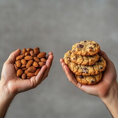 Hands Holding Almonds and Chocolate Chip Cookies on a Gray Background.