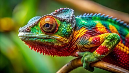 Close up of a vibrant chameleon blending into a branch with green, yellow, and red scales