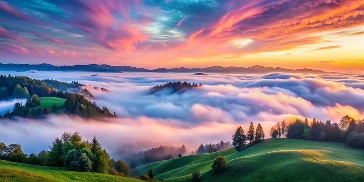 vibrant whimsical dreamscapes featuring soft pink fluffy clouds against bright blue skies with silk-like wisps of fog rolling over rolling hills at dawn