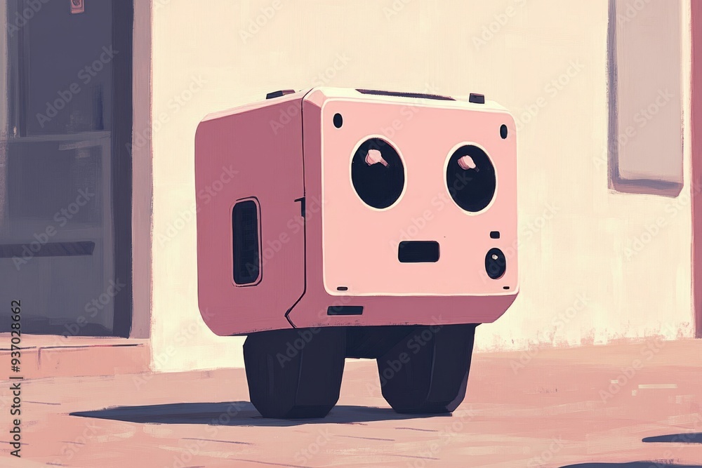 Poster cute robotic character exploring an urban environment expressing a sense of curiosity and adventure 