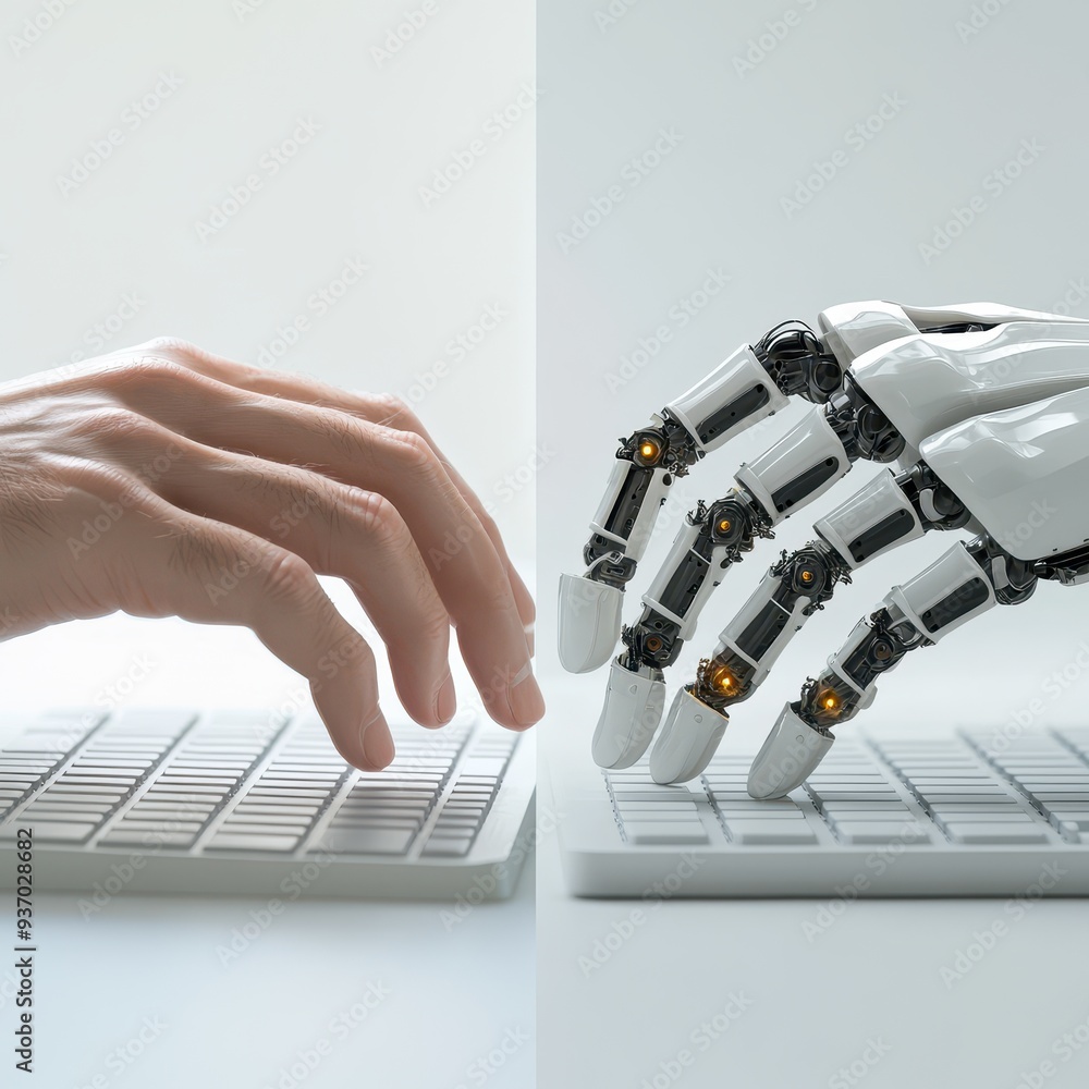 Aufkleber human hand and robotic hand typing on a computer keyboard - future of technology concept.