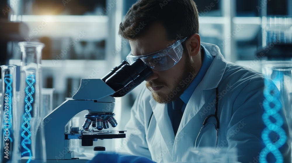 Poster scientist looking through microscope in lab with dna tubes