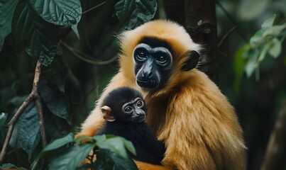 Fototapeta premium close image of Yellow Cheeked Gibbon monkey (Nomascus Gabriallae) mother with child in the forest. 