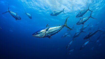 Naklejka premium breathtaking view of a group of tuna swimming in the open ocean, surrounded by the vibrant colors of the underwater world. The water is clear and blue, with the tuna's silvery scales reflecting