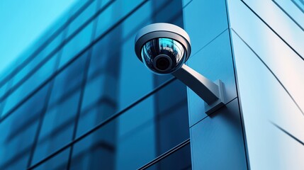 Security Camera on Modern Building Facade - Surveillance Technology Concept.