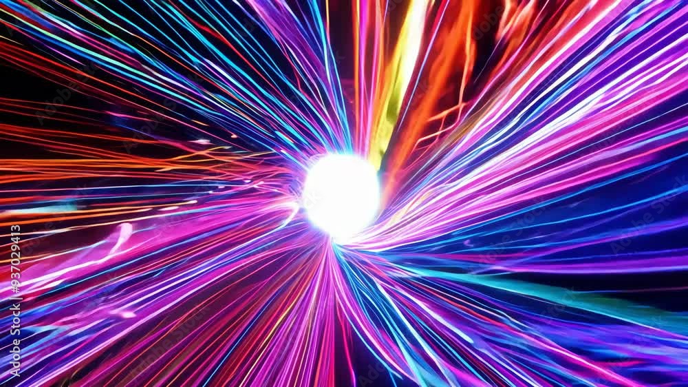 Poster vibrant animation of colorful light rays radiating from a central point in dynamic motion
