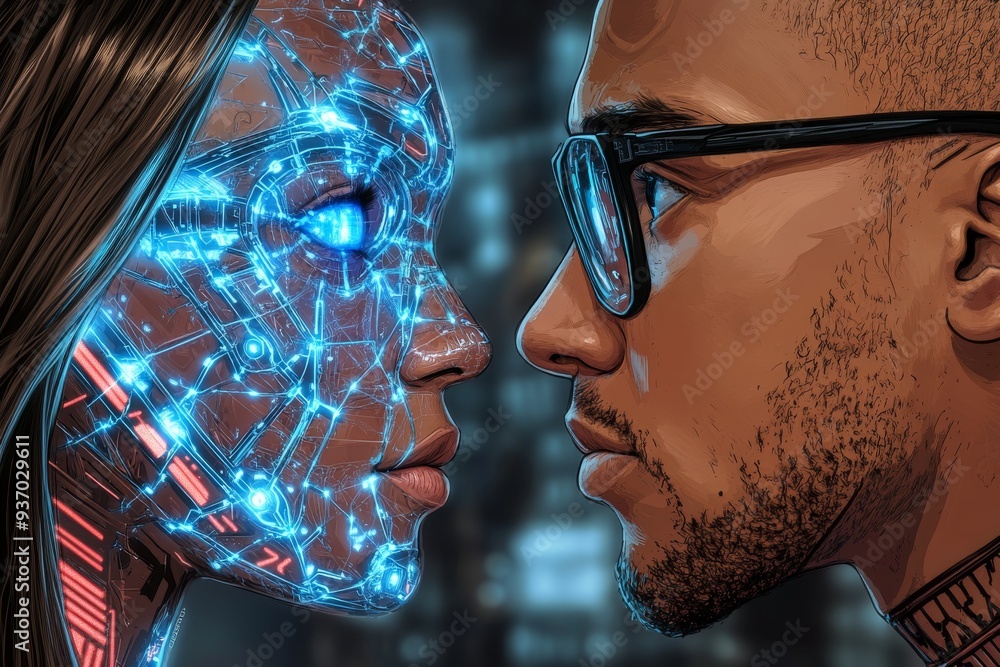 Poster futuristic face to face interaction between a human and a digital avatar highlighting the blending o