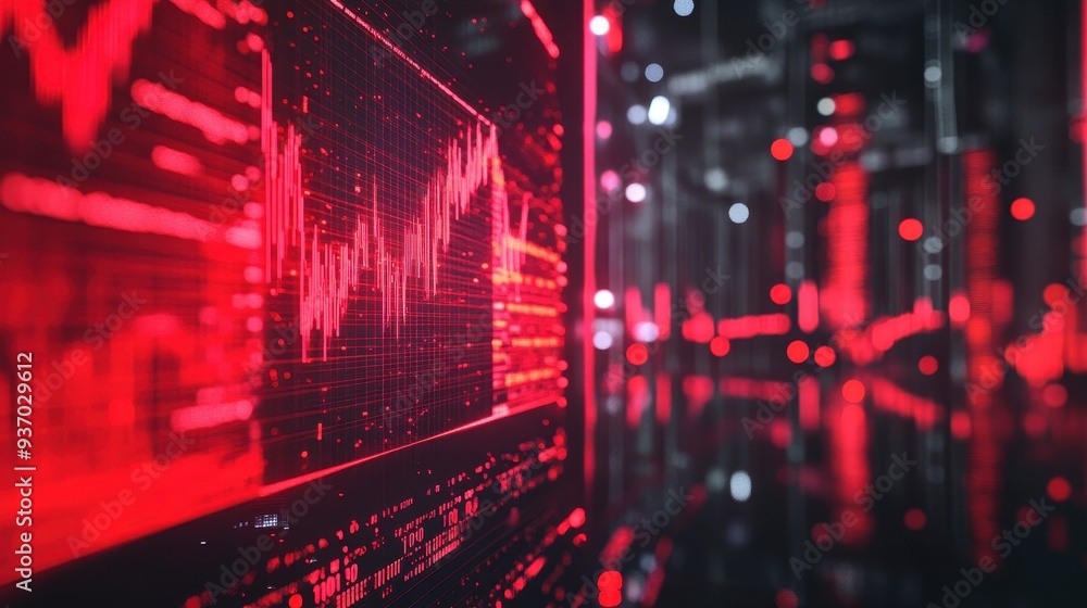 Poster red stock market data on screen with bokeh background.