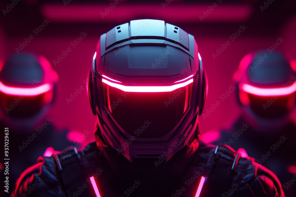 Poster cyberpunk inspired helmet with glowing red lights set against a dark background encapsulating the es
