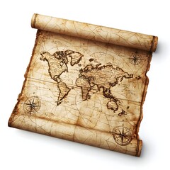Detailed Vintage World Map on Aged Parchment Scroll with Compass Rose