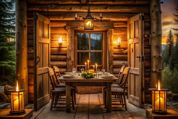 Fototapeta premium Rustic wooden door creaks open to reveal warm inviting glow of candlelit dinner, awaiting weary adventurer, in cozy cabin retreat