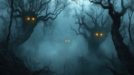 Spooky Forest with Glowing Eyes in the Fog at Night.
