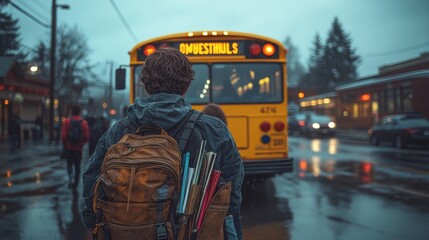 High School Students Boarding the Yellow School Bus After a Rainy Day


