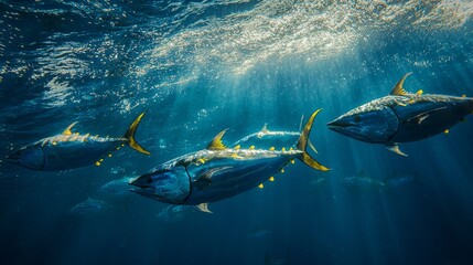 breathtaking view of a group of tuna swimming in the open ocean, surrounded by the vibrant colors of the underwater world. The water is clear and blue, with the tuna's silvery scales reflecting