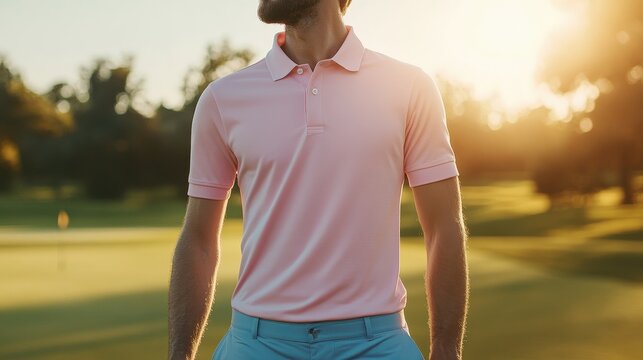 Man in Pink Polo Shirt on Golf Course with Sunset in Background. - Powered by Adobe