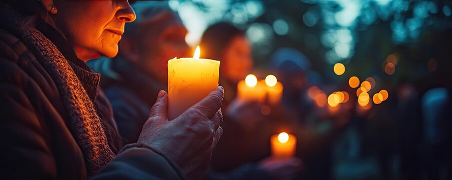 A group of people coming together for a candlelight vigil or memorial, illustrating the collective support and empathy during difficult times