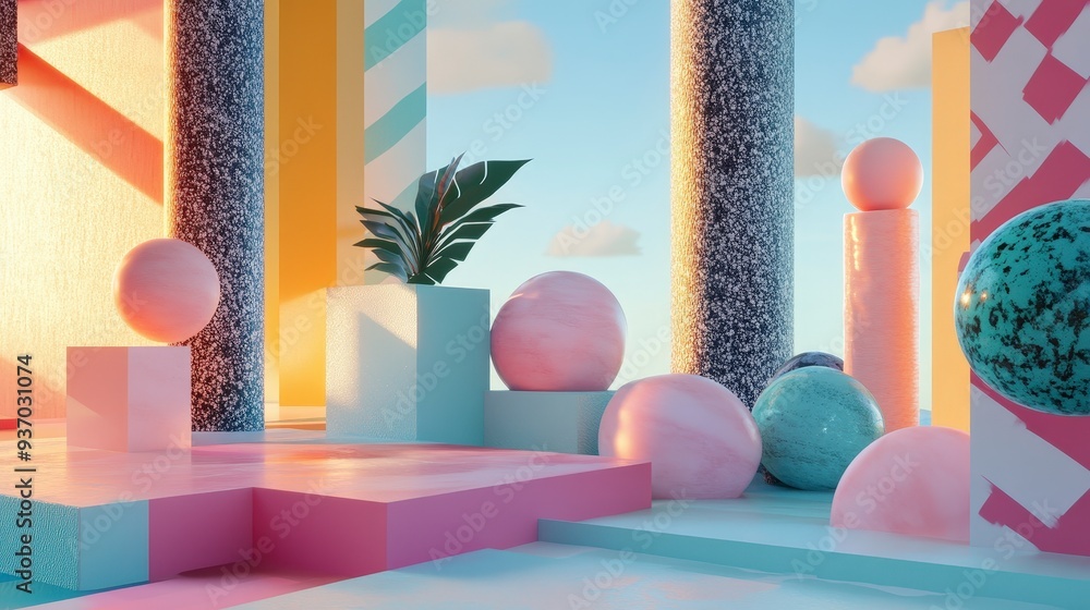 Poster playful 3d exploration: vibrant textures, dynamic light, and distorted forms in flat design illustra