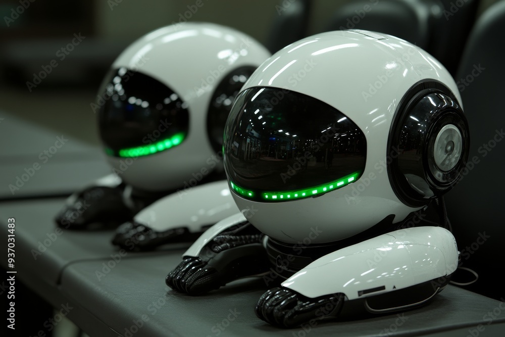 Poster two futuristic robots with sleek designs and glowing green accents resting in a high tech environmen