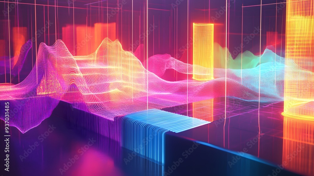 Poster 63. dynamic, neon-colored waveforms interacting in a transparent 3d environment
