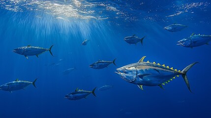 breathtaking view of a group of tuna swimming in the open ocean, surrounded by the vibrant colors of the underwater world. The water is clear and blue, with the tuna's silvery scales reflecting