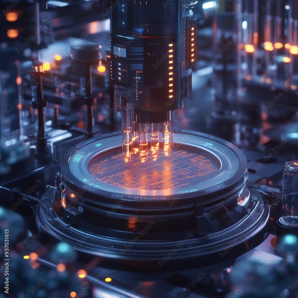 Poster futuristic microchip production line with automated robotic arm and glowing liquid in test tubes.