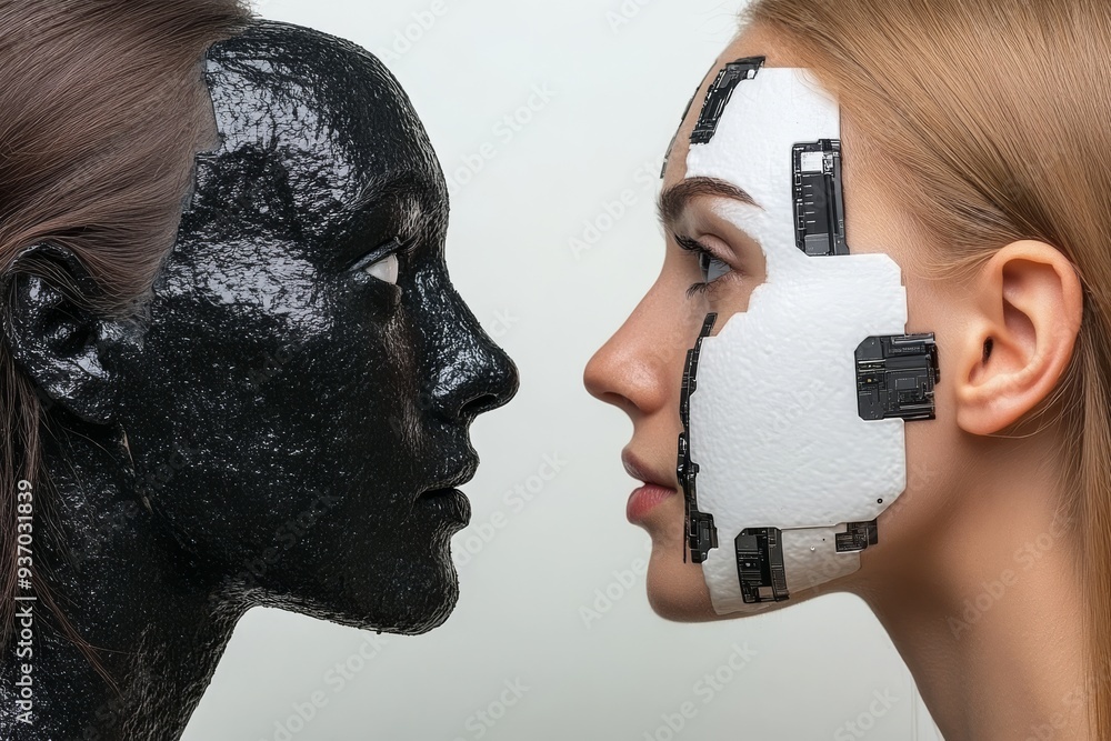 Poster close up of two futuristic humanoid faces in a high tech confrontation one with metallic textures an