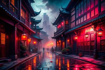 crimson city streets dark misty mystical mood atmospheric depth