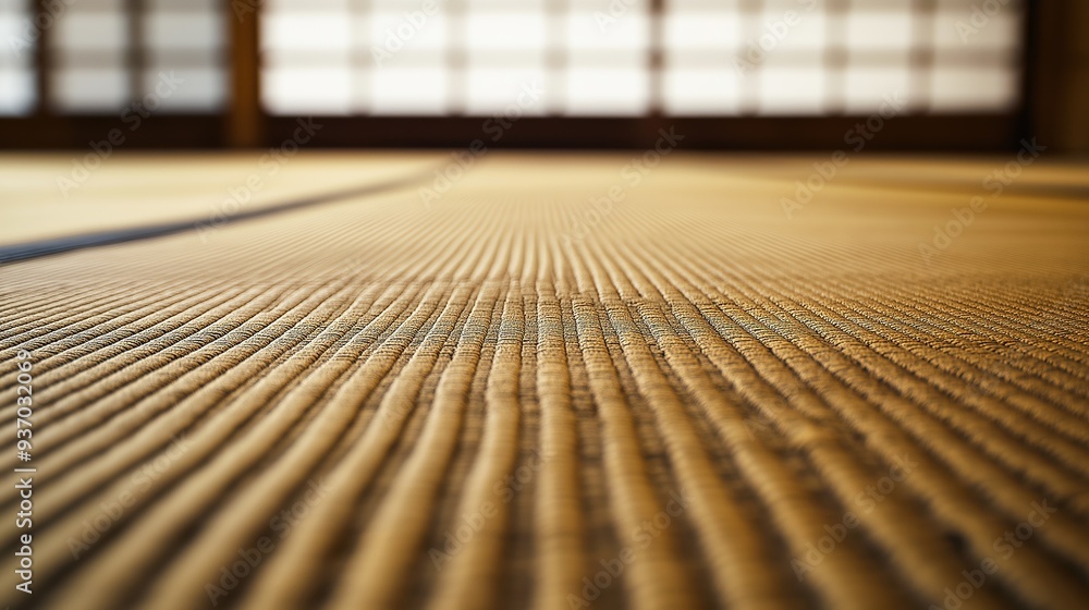 Poster a close-up view of traditional tatami flooring in a japanese room, showcasing the intricate texture 