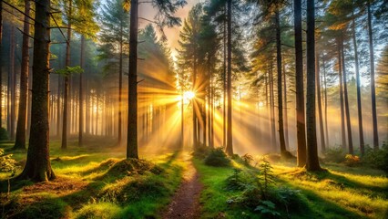 Obraz premium Moody Misty Forest Morning with Golden Hour Sunbeams through Trees