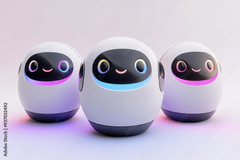 Poster trio of adorable spherical robots in a pastel lit environment showcasing a playful and futuristic ap