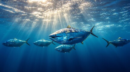 breathtaking view of a group of tuna swimming in the open ocean, surrounded by the vibrant colors of the underwater world. The water is clear and blue, with the tuna's silvery scales reflecting