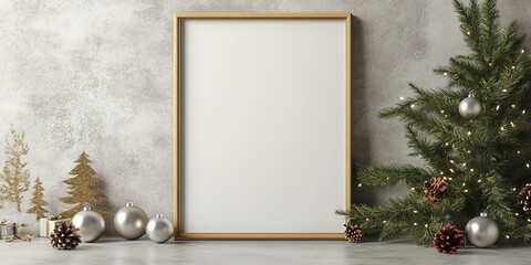 Blank poster mockup with wooden frame resting on the floor and on a wall with balls, fir leaves and Christmas decorations