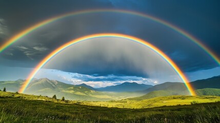 Naklejka premium Double Rainbow Over Lush Green Mountain Valley After Rainstorm