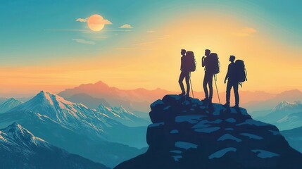 Fototapeta premium Three hikers stand atop a mountain, silhouetted against a colorful sunse, capturing the essence of adventure and exploration
